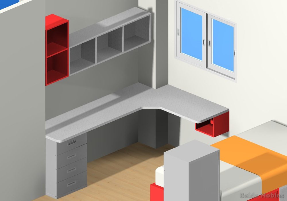 Dormitorio juvenil con compacta con cajones, escalera, armario y zona  estudio - Tocamadera